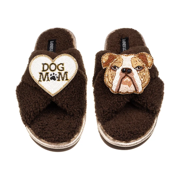 Laines London Laines Neutral Boucle Slippers With Mr Beefy Bulldog & Dog Mum / Mom Brooches