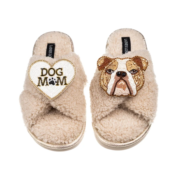 laines london Laines Neutral Boucle Slippers With Mr Beefy Bulldog & Dog Mum / Mom Brooches