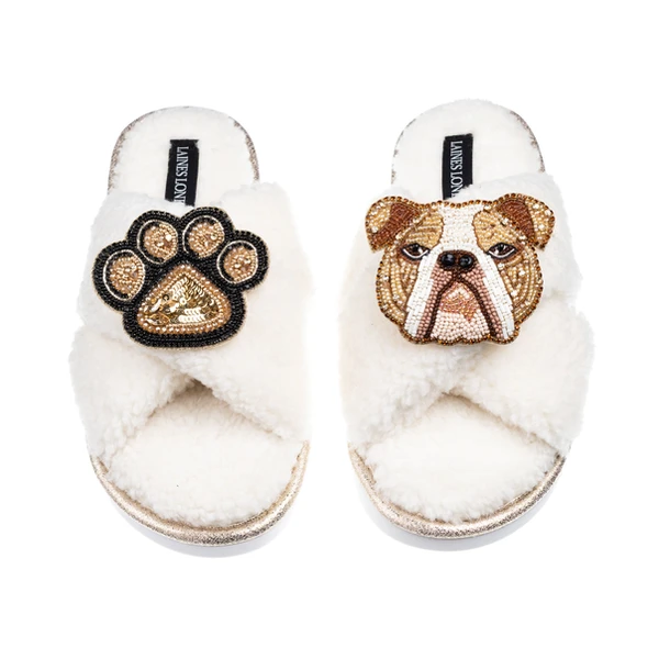 Laines London Laines Neutral Boucle Slippers With Mr Beefy The Bulldog & Paw Brooches