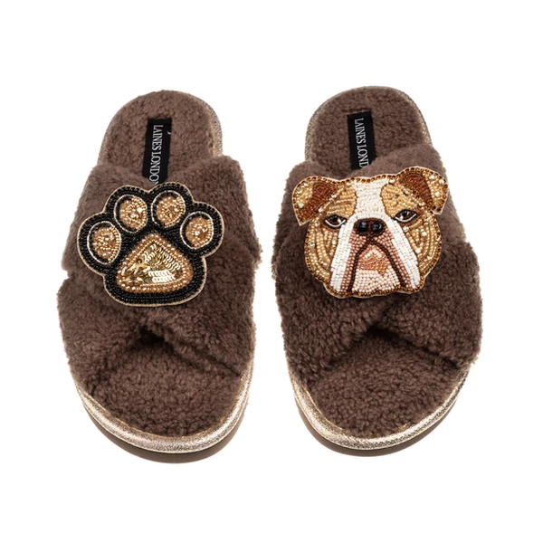 Laines London Laines Neutral Boucle Slippers With Mr Beefy The Bulldog & Paw Brooches