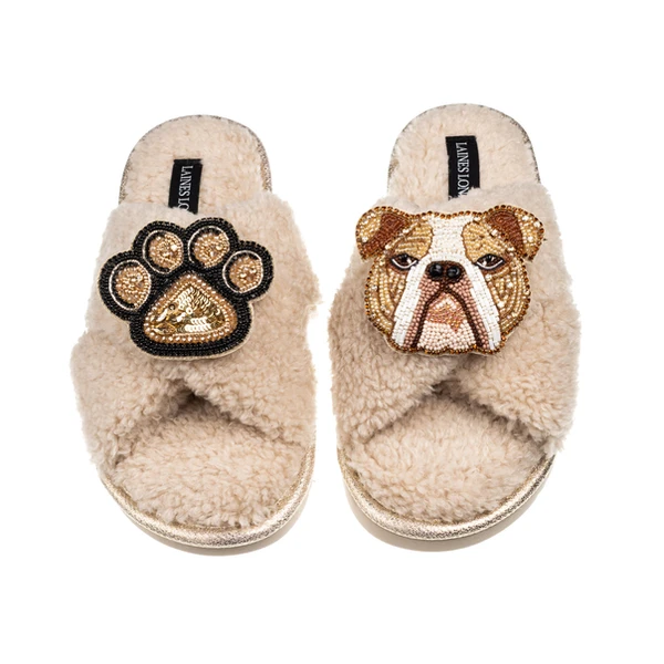 Laines London Laines Neutral Boucle Slippers With Mr Beefy The Bulldog & Paw Brooches