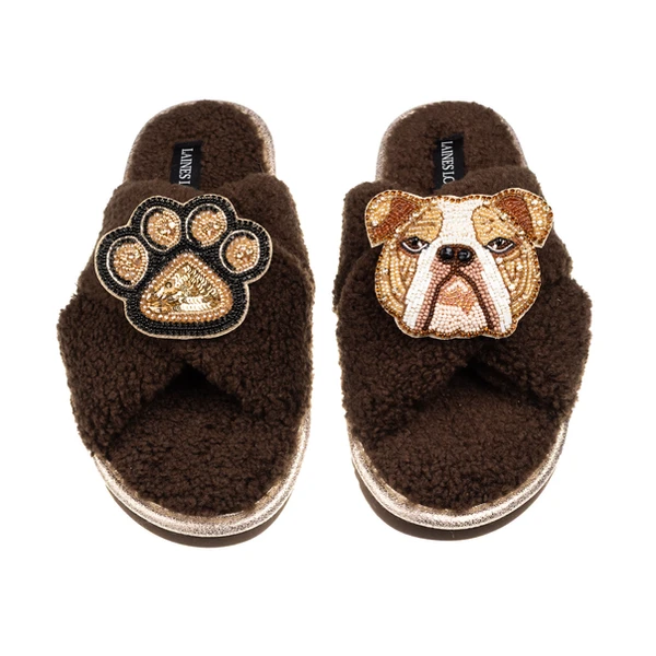 laines london Laines Neutral Boucle Slippers With Mr Beefy The Bulldog & Paw Brooches