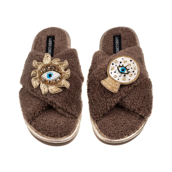 Laines London Laines Neutral Boucle Slippers With Mystic Eyes Brooches