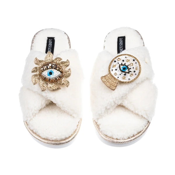 Laines London Laines Neutral Boucle Slippers With Mystic Eyes Brooches