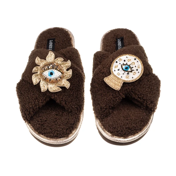 Laines London Laines Neutral Boucle Slippers With Mystic Eyes Brooches