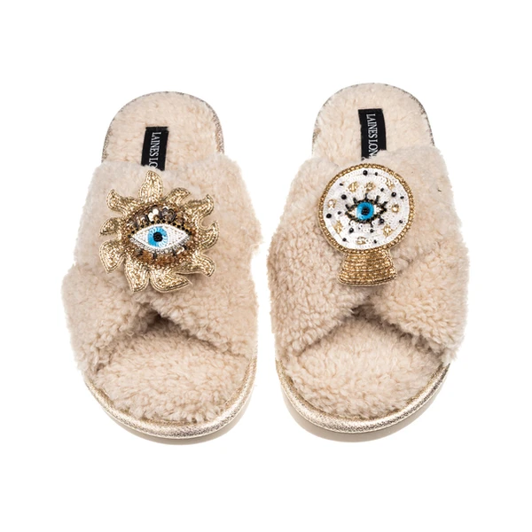 laines london Laines Neutral Boucle Slippers With Mystic Eyes Brooches