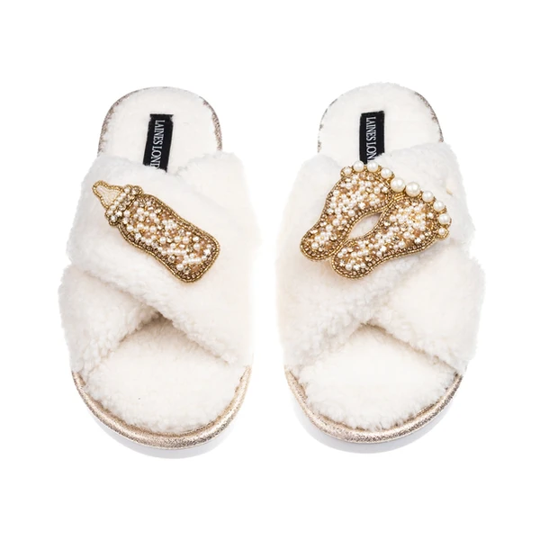 Laines London Laines Neutral Boucle Slippers With New Baby Gold Brooches