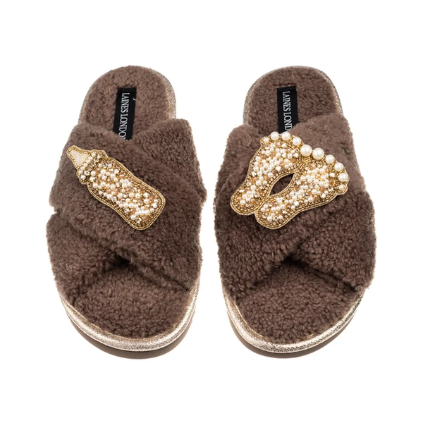 Laines London Laines Neutral Boucle Slippers With New Baby Gold Brooches