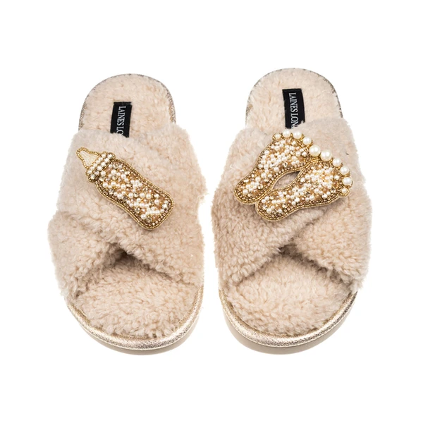 Laines London Laines Neutral Boucle Slippers With New Baby Gold Brooches