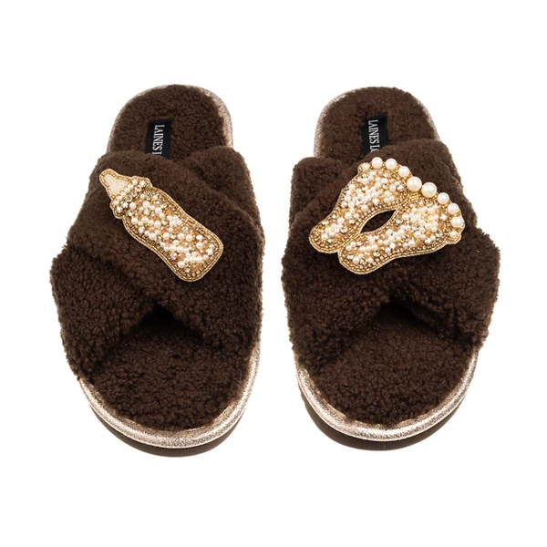 laines london Laines Neutral Boucle Slippers With New Baby Gold Brooches