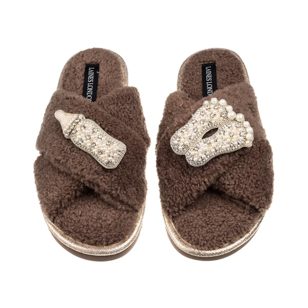 Laines London Laines Neutral Boucle Slippers With New Baby Pearl Brooches
