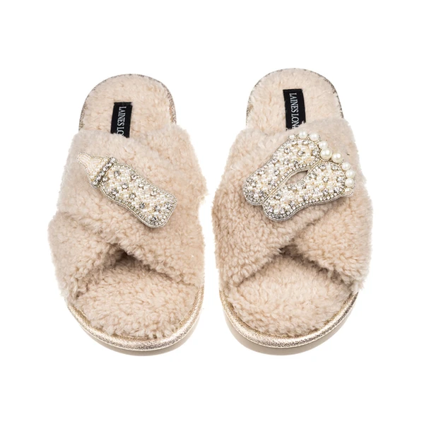 Laines London Laines Neutral Boucle Slippers With New Baby Pearl Brooches
