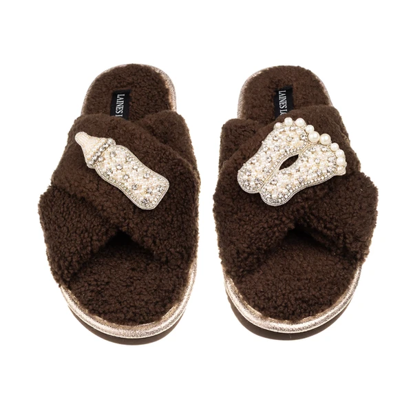 Laines London Laines Neutral Boucle Slippers With New Baby Pearl Brooches
