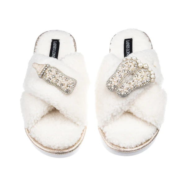 laines london Laines Neutral Boucle Slippers With New Baby Pearl Brooches