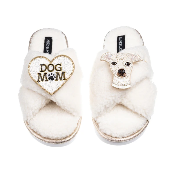 Laines London Laines Neutral Boucle Slippers With Olive The Iggy & Dog Mum / Mom Brooches