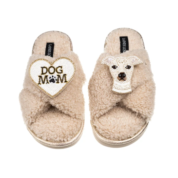 Laines London Laines Neutral Boucle Slippers With Olive The Iggy & Dog Mum / Mom Brooches