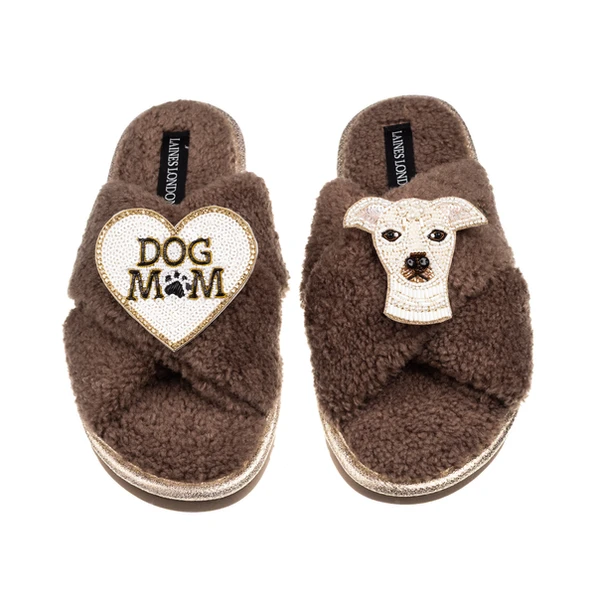laines london Laines Neutral Boucle Slippers With Olive The Iggy & Dog Mum / Mom Brooches