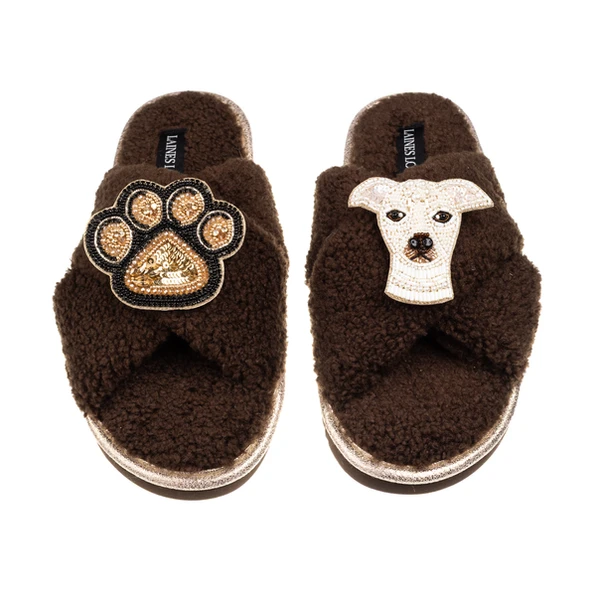 Laines London Laines Neutral Boucle Slippers With Olive The Italian Greyhound & Paw Brooches