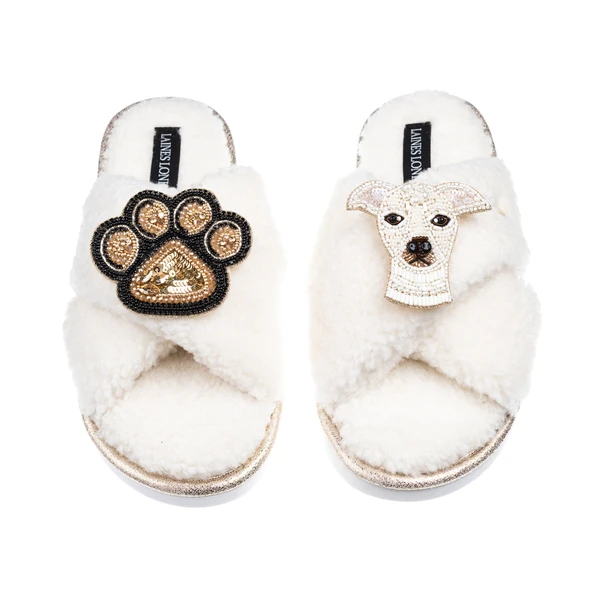 Laines London Laines Neutral Boucle Slippers With Olive The Italian Greyhound & Paw Brooches