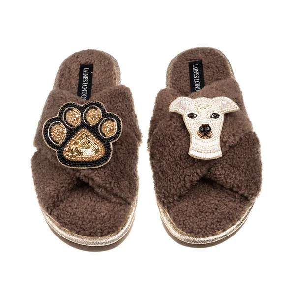 Laines London Laines Neutral Boucle Slippers With Olive The Italian Greyhound & Paw Brooches