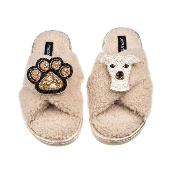 laines london Laines Neutral Boucle Slippers With Olive The Italian Greyhound & Paw Brooches