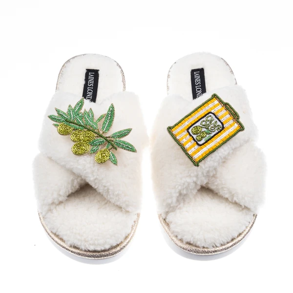Laines London Laines Neutral Boucle Slippers With Olives & Olive Oil Brooches