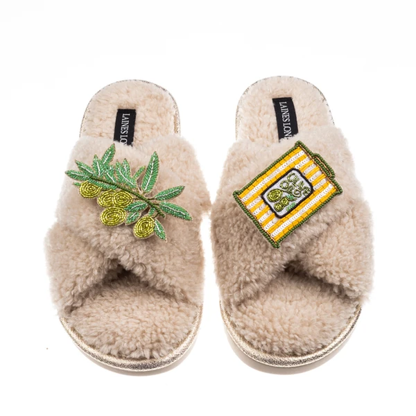 Laines London Laines Neutral Boucle Slippers With Olives & Olive Oil Brooches