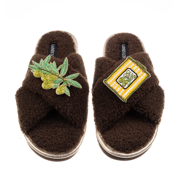 Laines London Laines Neutral Boucle Slippers With Olives & Olive Oil Brooches