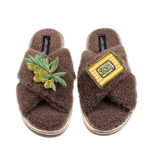 laines london Laines Neutral Boucle Slippers With Olives & Olive Oil Brooches