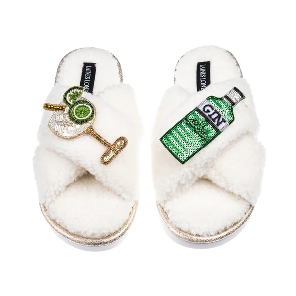 Laines London Laines Neutral Boucle Slippers With Original Gin & Glass Brooches
