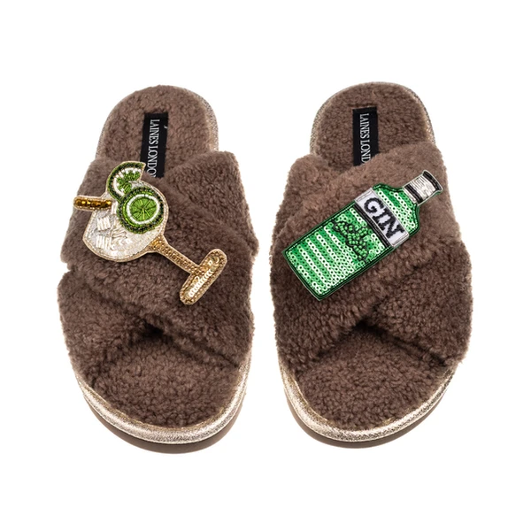 Laines London Laines Neutral Boucle Slippers With Original Gin & Glass Brooches