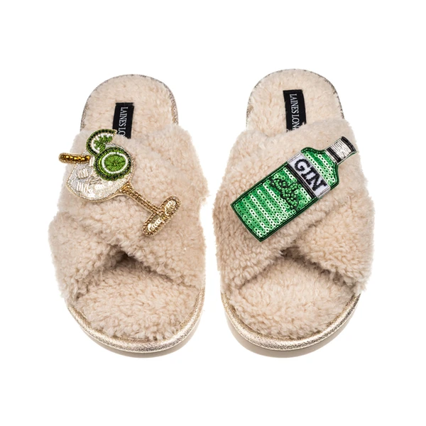 Laines London Laines Neutral Boucle Slippers With Original Gin & Glass Brooches