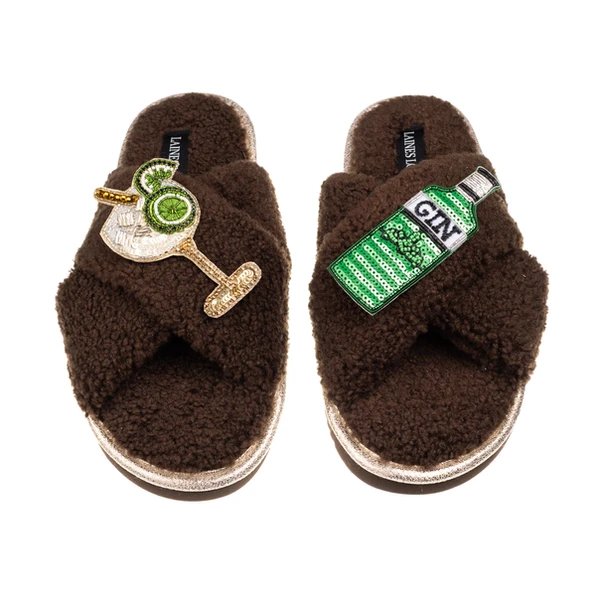 laines london Laines Neutral Boucle Slippers With Original Gin & Glass Brooches