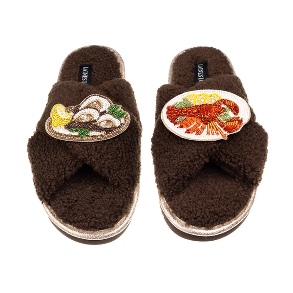 Laines London Laines Neutral Boucle Slippers With Oysters & Lobster Platter Brooches