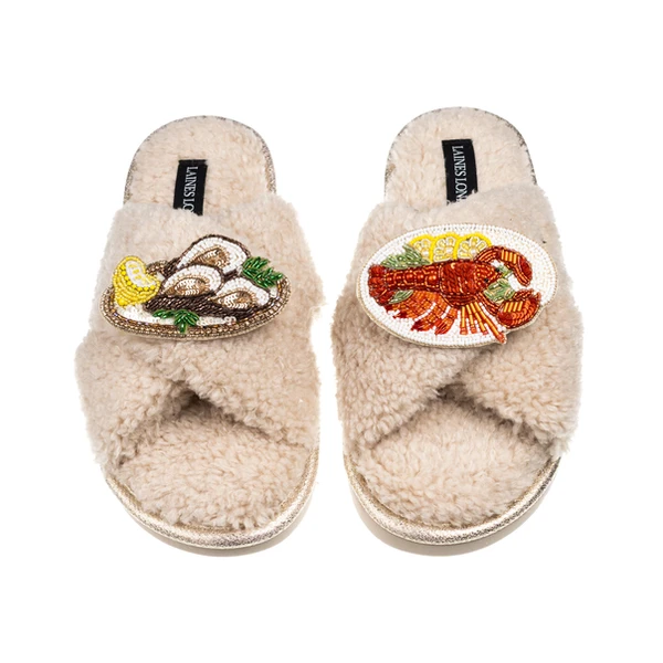 Laines London Laines Neutral Boucle Slippers With Oysters & Lobster Platter Brooches