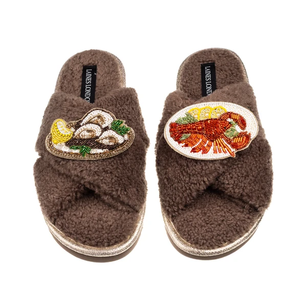 Laines London Laines Neutral Boucle Slippers With Oysters & Lobster Platter Brooches