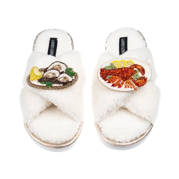 laines london Laines Neutral Boucle Slippers With Oysters & Lobster Platter Brooches