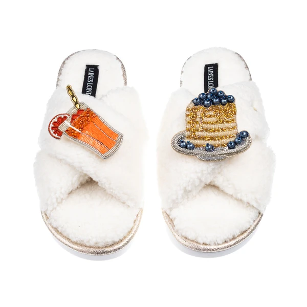 Laines London Laines Neutral Boucle Slippers With Pancake & OJ Brooches