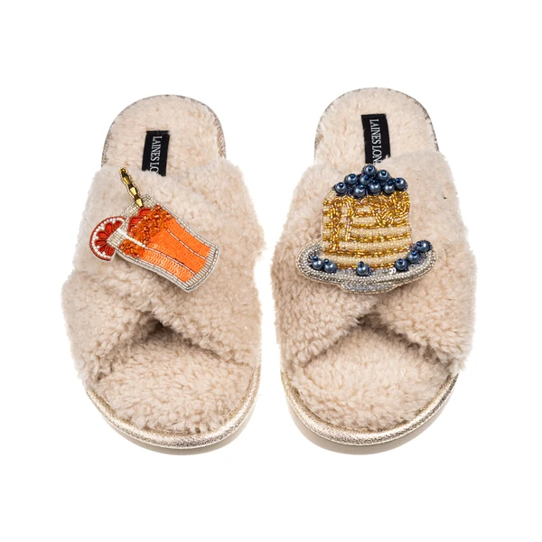 Laines London Laines Neutral Boucle Slippers With Pancake & OJ Brooches