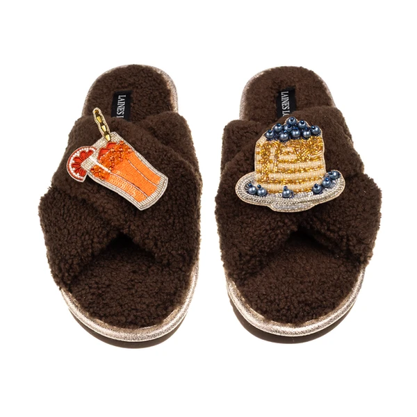 Laines London Laines Neutral Boucle Slippers With Pancake & OJ Brooches
