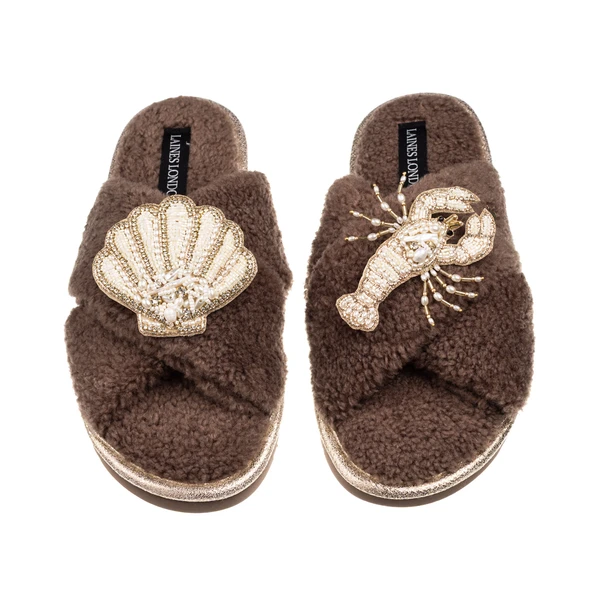 Laines London Laines Neutral Boucle Slippers With Pearl Shell & Lobster Brooches