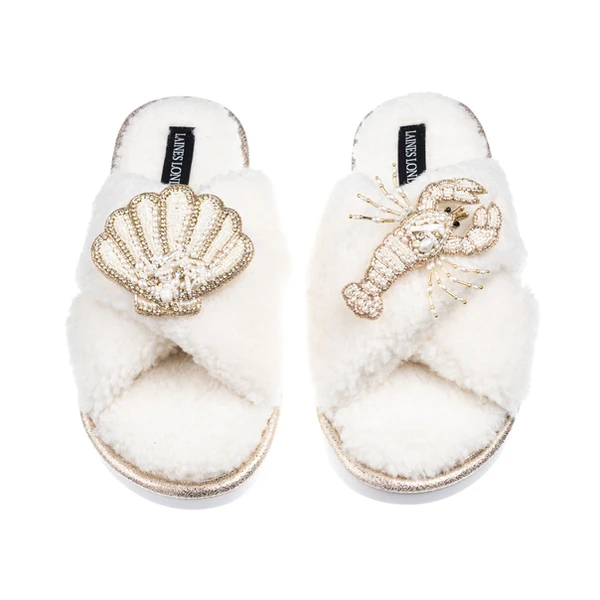 Laines London Laines Neutral Boucle Slippers With Pearl Shell & Lobster Brooches