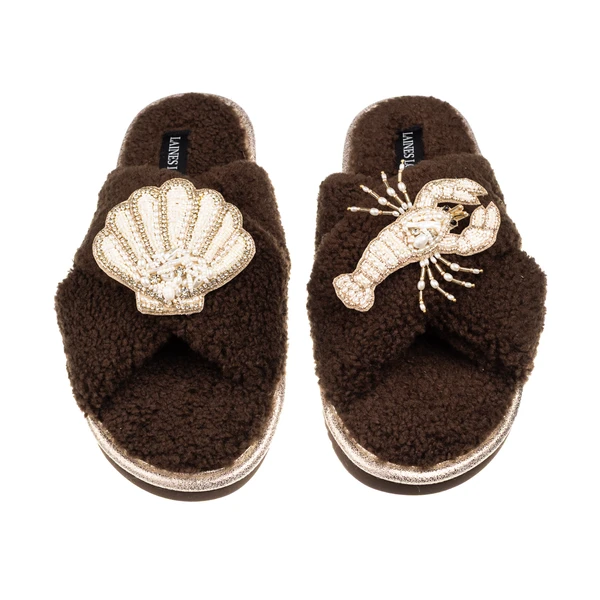 Laines London Laines Neutral Boucle Slippers With Pearl Shell & Lobster Brooches