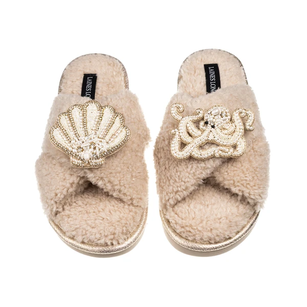 Laines London Laines Neutral Boucle Slippers With Pearl Shell & Octopus Brooches