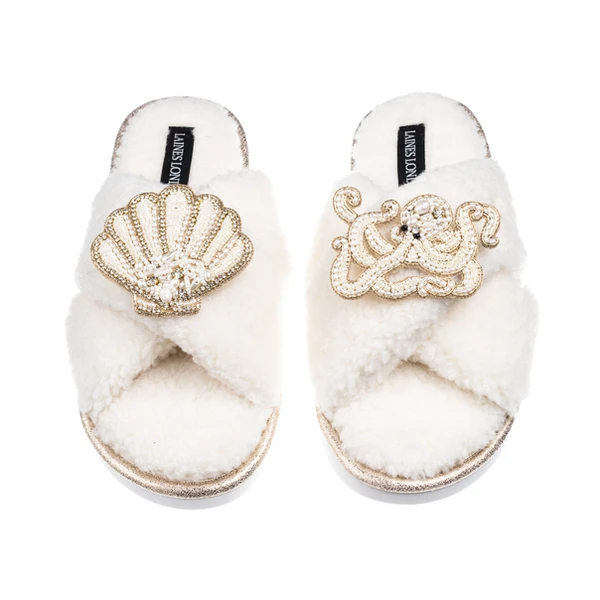 Laines London Laines Neutral Boucle Slippers With Pearl Shell & Octopus Brooches