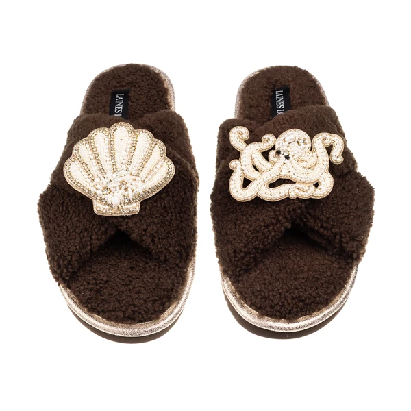 Laines London Laines Neutral Boucle Slippers With Pearl Shell & Octopus Brooches