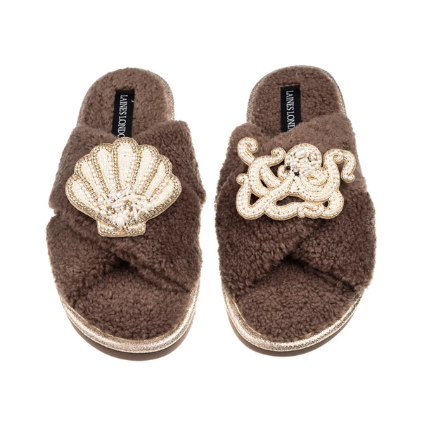 laines london Laines Neutral Boucle Slippers With Pearl Shell & Octopus Brooches
