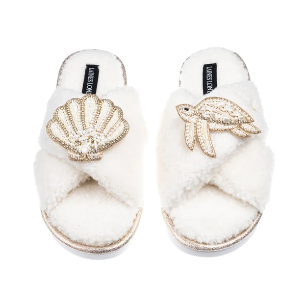 Laines London Laines Neutral Boucle Slippers With Pearl Shell & Turtle Brooches