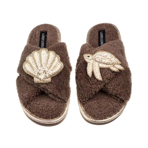 Laines London Laines Neutral Boucle Slippers With Pearl Shell & Turtle Brooches