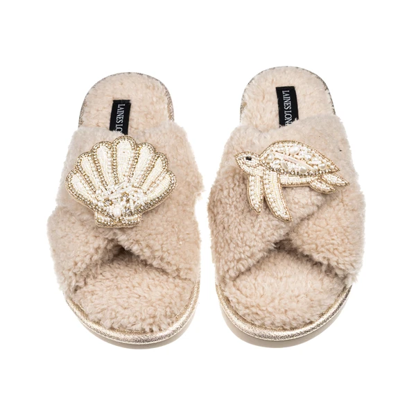 Laines London Laines Neutral Boucle Slippers With Pearl Shell & Turtle Brooches